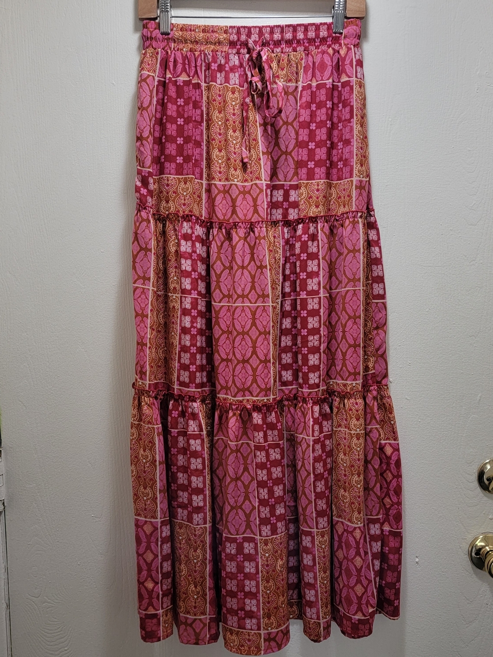 Pink Patchwork Tiered Maxi Skirt with Drawstring Waist